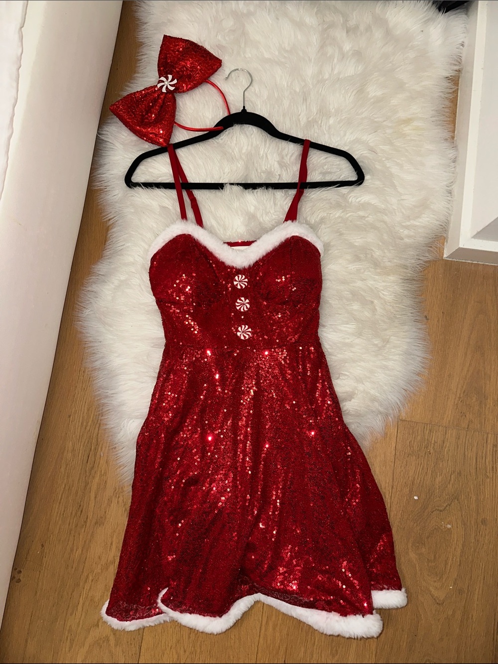 Red Sequin Holiday Dress with Bow Headband